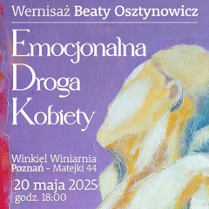 Na fioletowym tle białe napisy informujące o wydarzeniu. Po prawej stronie namalowane popiersie z odwróconą profilem twarzą, jednak nie widać oka ani nosa.