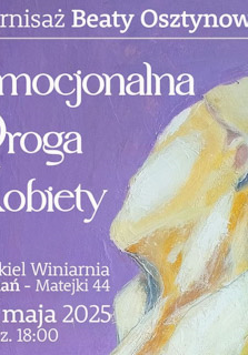 Na fioletowym tle białe napisy informujące o wydarzeniu. Po prawej stronie namalowane popiersie z odwróconą profilem twarzą, jednak nie widać oka ani nosa.