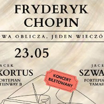 Czarne napisy informujące o wydarzeniu na beżowym tle.