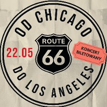 Czarny napis "Od Chicago do Los Angeles" otoczony czarnym okręgiem na beżowym tle.