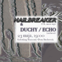 Grafika w kolorach szarości, po prawej sylwetka człowieka śpiewającego do mikrofonu. Na środku prostokątna ramka informująca o wydarzeniu.