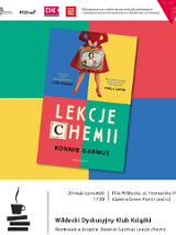 Okładka książki "Lekcje chemii". W tle kwadraty w kolorach okładki: zielonym, żółtym, czerwonym i niebieskim.