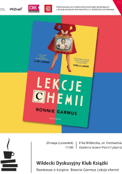Okładka książki "Lekcje chemii". W tle kwadraty w kolorach okładki: zielonym, żółtym, czerwonym i niebieskim.