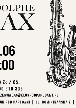 Po lewej czarne napisy informujące o wydarzeniu, po prawej duży czarny saksofon, jasnobeżowe tło.