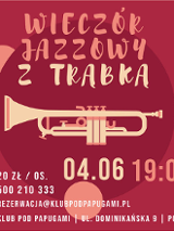 Na środku bladożółta trąbka na czerwonym tle. Na górze i na dole napisy informujące o wydarzeniu.