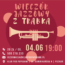 Na środku bladożółta trąbka na czerwonym tle. Na górze i na dole napisy informujące o wydarzeniu.