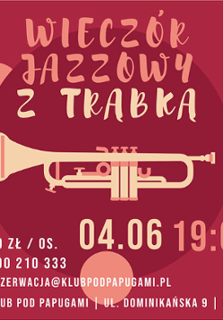 Na środku bladożółta trąbka na czerwonym tle. Na górze i na dole napisy informujące o wydarzeniu.