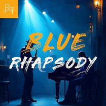 W zaciemnionej sali po lewej stoi mężczyzna i gra na trąbce, po prawej mężczyzna gra na fortepianie. Na środku napis "Blue Rhapsody".