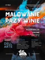 Białe napisy informujące o wydarzeniu na tle abstrakcyjnej kolorowej grafiki.