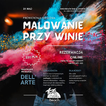 Białe napisy informujące o wydarzeniu na tle abstrakcyjnej kolorowej grafiki.