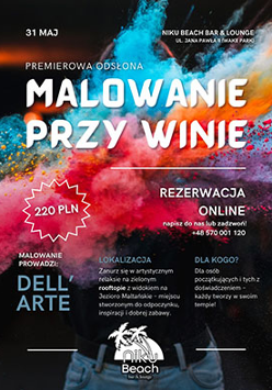 Białe napisy informujące o wydarzeniu na tle abstrakcyjnej kolorowej grafiki.