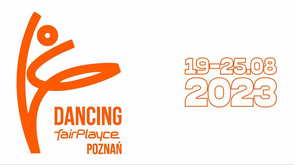 Na plakacie logo Dancing fairPlayce przedstawiające schematyczną postać osoby tańczące, obok data 10-25 sierpnia 2023