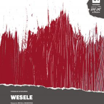 Plakat: abstrakcyjny rysunek - pionowe, nieregularne, bordowe kreski na białym tle. U dołu plakatu informacje o spektaklu.