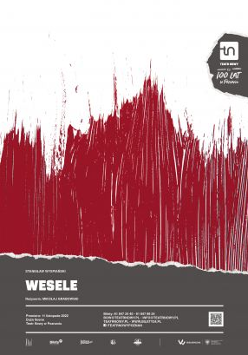 Plakat: abstrakcyjny rysunek - pionowe, nieregularne, bordowe kreski na białym tle. U dołu plakatu informacje o spektaklu.