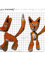 na kartce w kratkę naryzowany odręcznie rudy lis w dwóch pozycjach: przodem i bokiem. Wokół niego dopisane odręcznie informacje ja ma wyglądać i z czego ma być zrobiony.
