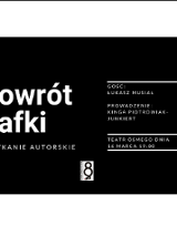 na banerze na czarnym tle białe litery z tytułem spotkania, datą, godziną i nazwiskami osób uczestniczących