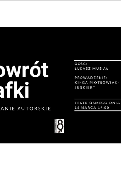 na banerze na czarnym tle białe litery z tytułem spotkania, datą, godziną i nazwiskami osób uczestniczących