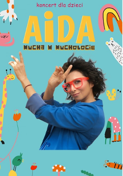 Plakat dotyczący wydarzenia. Na nim piosenkarka w niebieskiej koszuli i dużych czerwonych okularach oraz tytuł koncertu.
