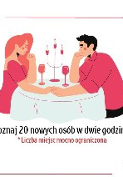 Plakat przedstawia obrazek dwóch osób- mężczyzny i kobiety siedzących przy stoliku restauracyjnym.