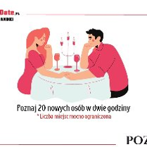Plakat przedstawia obrazek dwóch osób- mężczyzny i kobiety siedzących przy stoliku restauracyjnym.