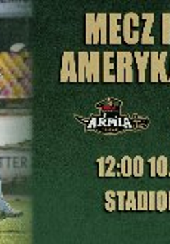 Plakat przedstawia zdjęcie zawodnika futbolu amerykańskiego, obok na zielonym tle znajdują się informacje takie jak miejscei data wydarzenia, opisane w opisie.