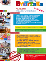 Plakat przedstawia wszystkie informacje takie jak terminy oraz miejsca turnusów. Jest on kolorowy.