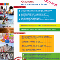 Plakat przedstawia wszystkie informacje takie jak terminy oraz miejsca turnusów. Jest on kolorowy.