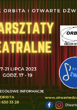 Na plakaciw znajdują się informacje opisane w opisie. W prawym górnym roku plakatu znaduje się logo "ODK ORBITA", a reszta informacji jest na tle czerwonej kurtyny teatralnej.