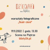 Pośrodku informacje dotyczące warsztatów: tytuł, godzina, miejsce. Wokół, na jasnym tle kolorowe kropki i balony, po lewej stronie narysowany nieduży pies, biały, w czarne łaty.