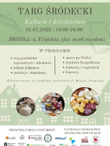Plakat jest w kolorach pastelowej zieleni. Jest na nim opisany program wydarzenia, taki jak opisany w opisie. Na dole plakatu są 3 zdjęcia jedzenia.