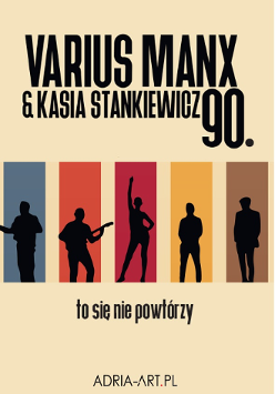 Na żółtym tle informacje dotyczące koncertu, pośrodku, w kolorowych prostokątach wyglądajacych jak okna, widoczne cztery czarne postacie. Pośrodku postać kobiety, po obu stronach mężczyzn.