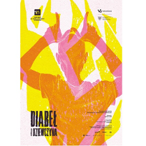 Na rysunku widoczna szczupła postać stojąca tyłem z uniesionymi nad glową rękoma. Palce rąk układają się w rogi. Postać jest naysowana w kolorze pomarańczowymi i różowym, tło w kolorze białym i zółtym.