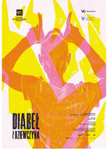 Na rysunku widoczna szczupła postać stojąca tyłem z uniesionymi nad glową rękoma. Palce rąk układają się w rogi. Postać jest narysowana w kolorze pomarańczowymi i różowym, tło w kolorze białym i zółtym.