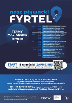 Na plakacie widać harmonogram zajęć oraz QR Code odsyłający do formularza zapisowego na zajęcia. Ponadto widoczne są dane kontaktowe, logo projektu oraz informacja do kogo skierowane są zajęcia.