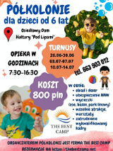 Na plakacie zostały zamieszczone informacje, które zostały opisane w opisie. Plakat jest w jasnych kolorach, takich jak biel czy pomarańczowy, znajdują się na nim również dwa zdjęcia uśmiechniętych i bawiących się dzieci.