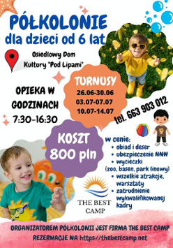 Na plakacie zostały zamieszczone informacje, które zostały opisane w opisie. Plakat jest w jasnych kolorach, takich jak biel czy pomarańczowy, znajdują się na nim również dwa zdjęcia uśmiechniętych i bawiących się dzieci.