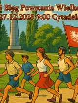 Plakat Poznańskiego Biegu Powstania Wielkopolskiego - grafika z biegaczkami i biegaczami, którzy biegną w sportowych strojach z patriotycznymi flagami po Cytadeli