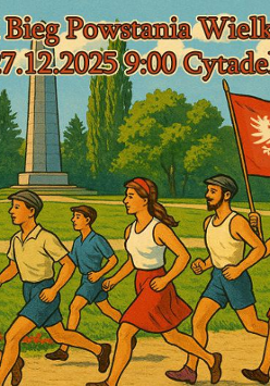 Plakat Poznańskiego Biegu Powstania Wielkopolskiego - grafika z biegaczkami i biegaczami, którzy biegną w sportowych strojach z patriotycznymi flagami po Cytadeli