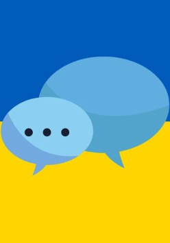 Niebieskie dymki czatu na tle flagi ukraińskiej (granatowo - zółta)