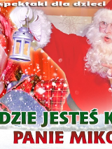 Ludzie w świątecznych przebraniach.Na dole kolorowe napisy.