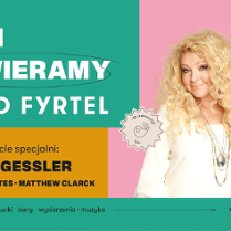 Różowo - turkusowo - zółty plakat z białymi napisami i postacia Magdy Gessler po prawej stronie.