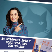 Po lewej uśmiechnięta brunetka wskazująca na grafike kota za nią. Na dole informacje o wydarzeniu.