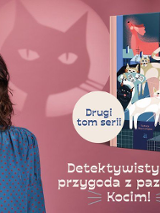 Po lewej brunetka patrząca na książke po prawej stronie plakatu. Na jej okładce znajdują się koty.