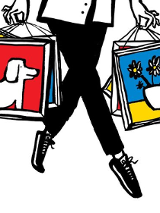 Grafika przedstawia osobę, a w zasadzie tylko jej nogi w czarnych spodniach i sportowych butach, która niesie torby, stylizowane na obrazy w ramkach: pieska na czerwonym tle oraz wazon z kwiatami na niebiesko-żółtym tle.