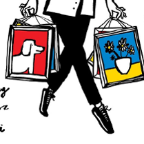 Grafika przedstawia osobę, a w zasadzie tylko jej nogi w czarnych spodniach i sportowych butach, która niesie torby, stylizowane na obrazy w ramkach: pieska na czerwonym tle oraz wazon z kwiatami na niebiesko-żółtym tle.