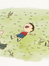 Rysunkowy plakat przedstawiający trójkę dzieci bawiących się na trawie.