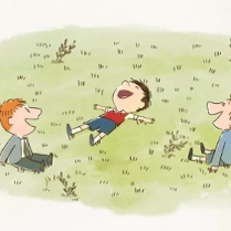 Rysunkowy plakat przedstawiający trójkę dzieci bawiących się na trawie.