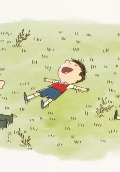 Rysunkowy plakat przedstawiający trójkę dzieci bawiących się na trawie.