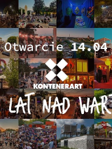 Kolaż zdjęć z różnych wydarzeń KontenerART. Po środku białe napisy.