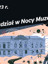 W górnym prawnym narozniku rysunkowa dziewczynka trzma latarkę, której światło wyświetla budynek muzeum latającego w kosmosie.